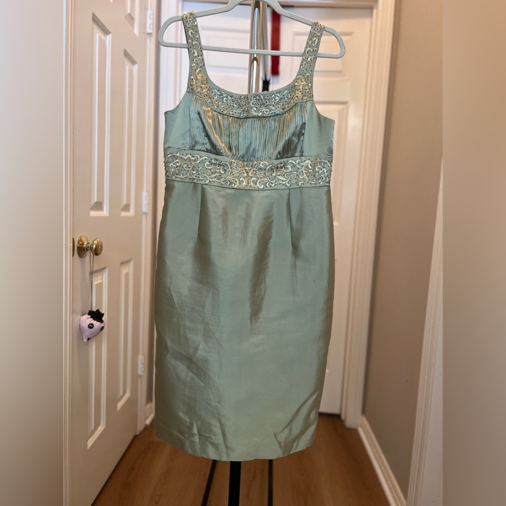 Adrianna Papell Sage Green Satin Occasion Dress (Graduation, Wedding Guest)